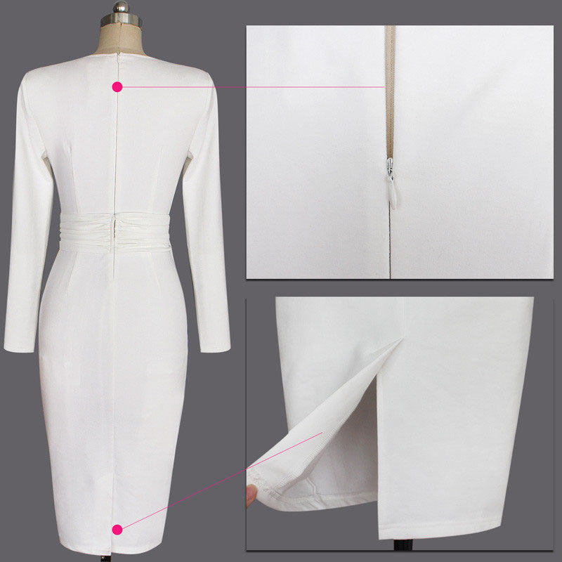 New White Work Wear Dress Business Party Evening Slim Long Sleeve O Neck Pencil Midi Dress - Sins & Temptations