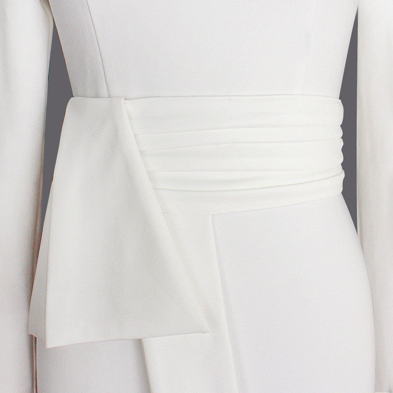 New White Work Wear Dress Business Party Evening Slim Long Sleeve O Neck Pencil Midi Dress - Sins & Temptations