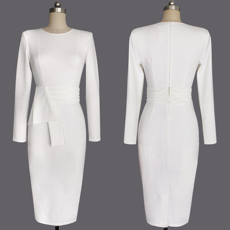 New White Work Wear Dress Business Party Evening Slim Long Sleeve O Neck Pencil Midi Dress - Sins & Temptations
