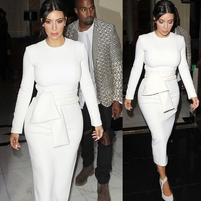 New White Work Wear Dress Business Party Evening Slim Long Sleeve O Neck Pencil Midi Dress - Sins & Temptations