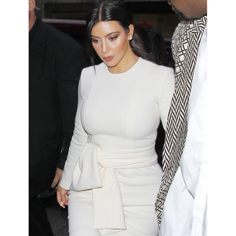 New White Work Wear Dress Business Party Evening Slim Long Sleeve O Neck Pencil Midi Dress - Sins & Temptations