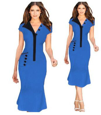 V Neck Pencil Mermaid Dress with Pocket Tunic Work Party Bodycon Sheath Midi Dress - Sins & Temptations