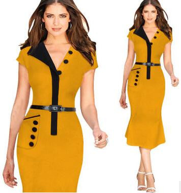 V Neck Pencil Mermaid Dress with Pocket Tunic Work Party Bodycon Sheath Midi Dress - Sins & Temptations