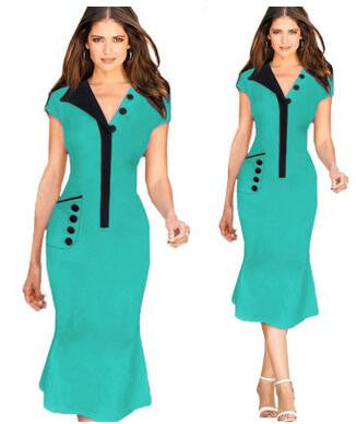 V Neck Pencil Mermaid Dress with Pocket Tunic Work Party Bodycon Sheath Midi Dress - Sins & Temptations