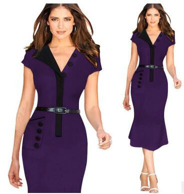 V Neck Pencil Mermaid Dress with Pocket Tunic Work Party Bodycon Sheath Midi Dress - Sins & Temptations