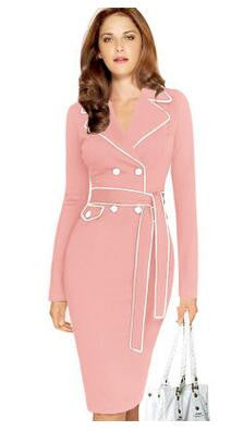 Elegant Lapel Notched Belted Dress Work wear Business Sheath Fitted Dress - Sins & Temptations