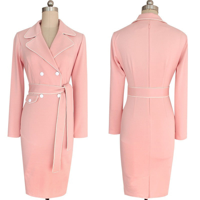 Elegant Lapel Notched Belted Dress Work wear Business Sheath Fitted Dress - Sins & Temptations