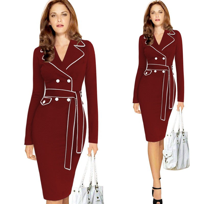 Elegant Lapel Notched Belted Dress Work wear Business Sheath Fitted Dress - Sins & Temptations
