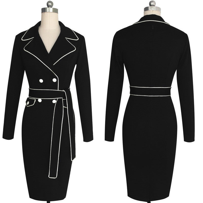 Elegant Lapel Notched Belted Dress Work wear Business Sheath Fitted Dress - Sins & Temptations