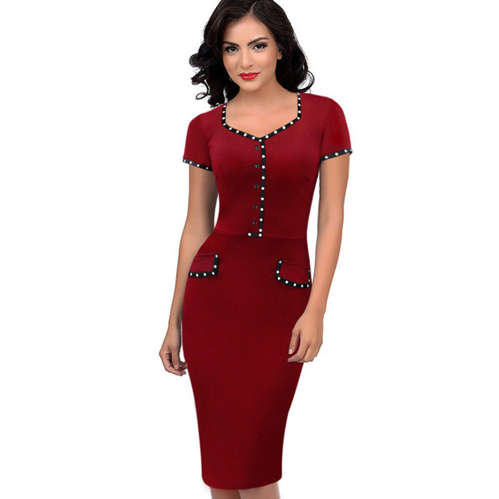 Women Short Sleeve Square Neck Pencil Dress Work Wear Business Party Bodycon Dress - Sins & Temptations