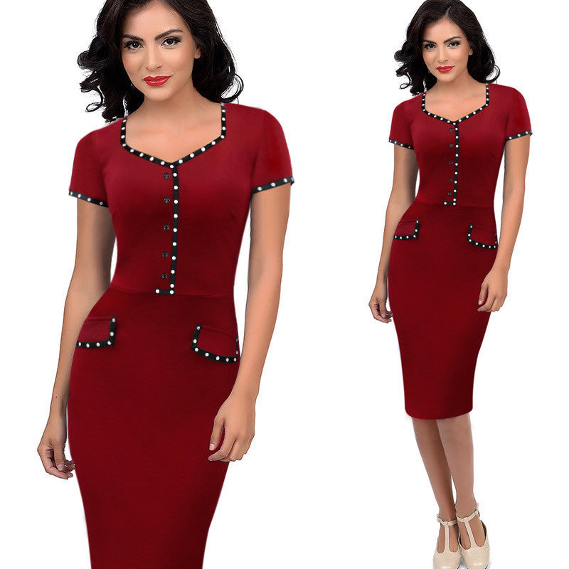 Women Short Sleeve Square Neck Pencil Dress Work Wear Business Party Bodycon Dress - Sins & Temptations