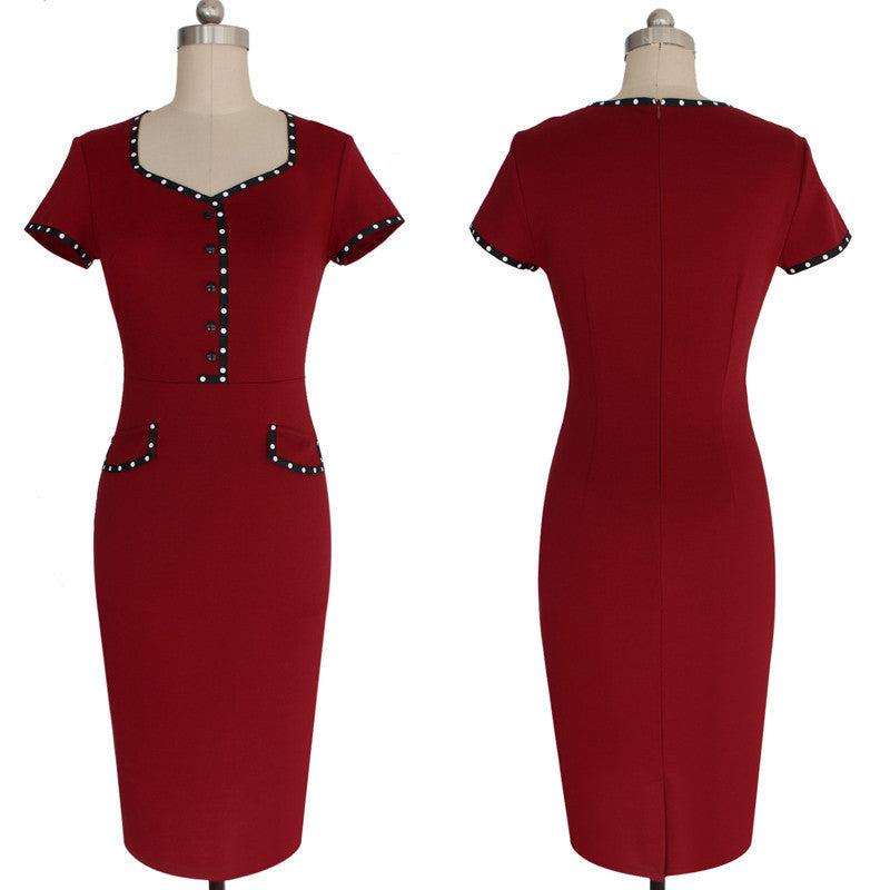 Women Short Sleeve Square Neck Pencil Dress Work Wear Business Party Bodycon Dress - Sins & Temptations