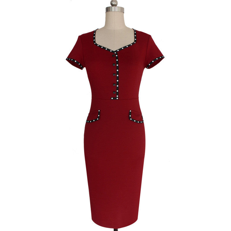 Women Short Sleeve Square Neck Pencil Dress Work Wear Business Party Bodycon Dress - Sins & Temptations