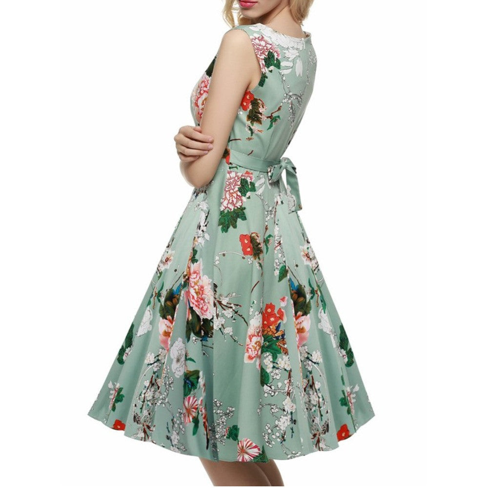 Flower Print Gowns Floral Hepburn Dress Casual O-Neck Sleeveless Skater Dress vestidos - Sins & Temptations