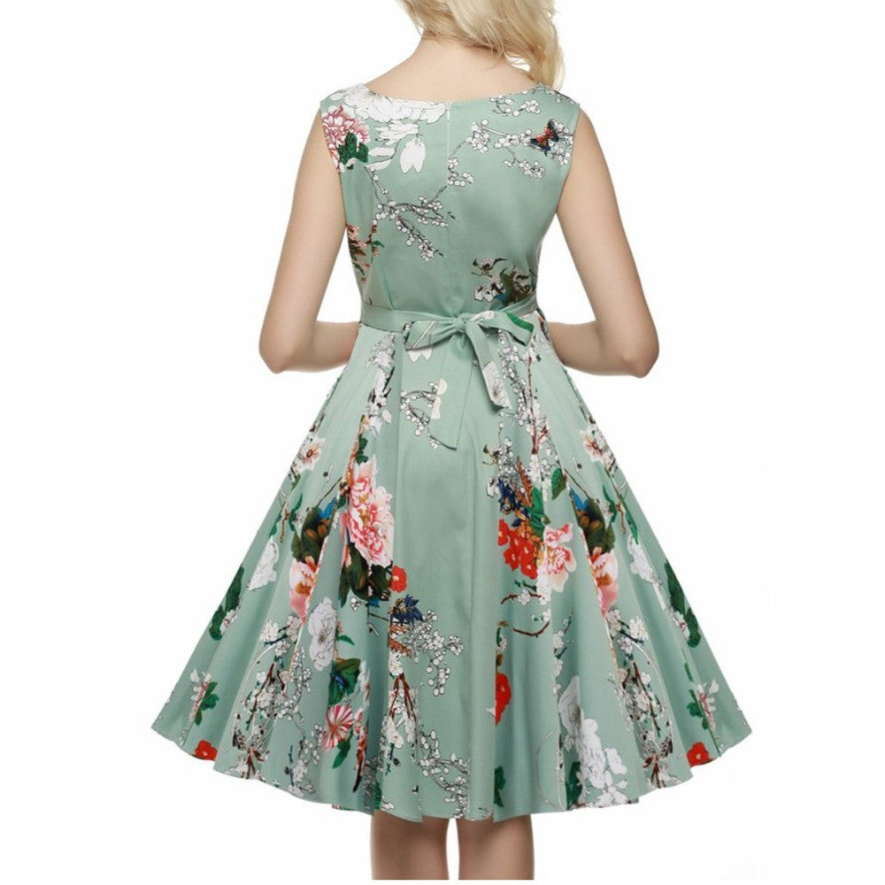 Flower Print Gowns Floral Hepburn Dress Casual O-Neck Sleeveless Skater Dress vestidos - Sins & Temptations