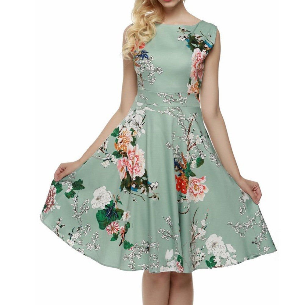 Flower Print Gowns Floral Hepburn Dress Casual O-Neck Sleeveless Skater Dress vestidos - Sins & Temptations
