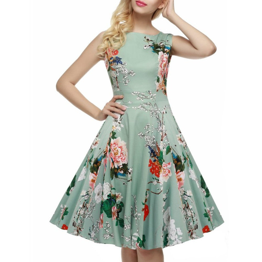 Flower Print Gowns Floral Hepburn Dress Casual O-Neck Sleeveless Skater Dress vestidos - Sins & Temptations
