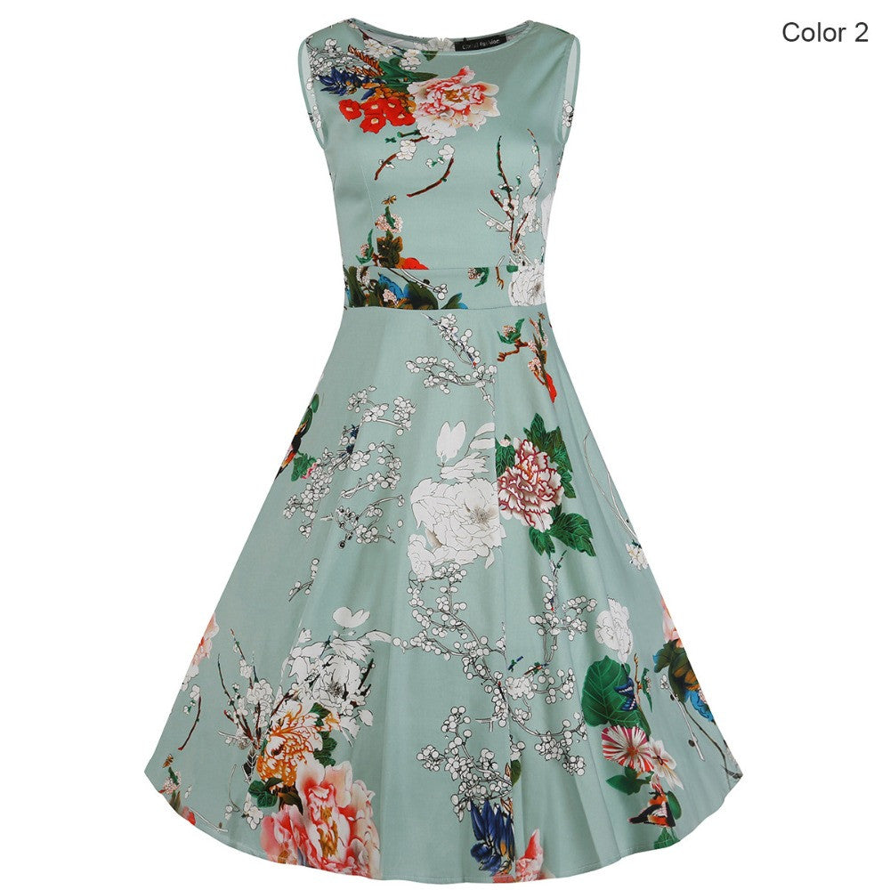 Flower Print Gowns Floral Hepburn Dress Casual O-Neck Sleeveless Skater Dress vestidos - Sins & Temptations