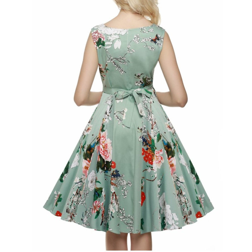 Flower Print Gowns Floral Hepburn Dress Casual O-Neck Sleeveless Skater Dress vestidos - Sins & Temptations