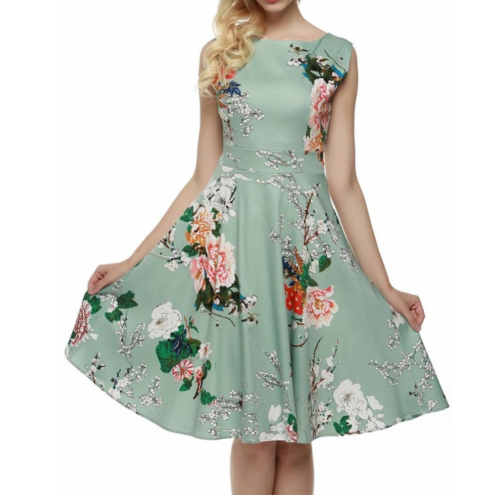 Flower Print Gowns Floral Hepburn Dress Casual O-Neck Sleeveless Skater Dress vestidos - Sins & Temptations