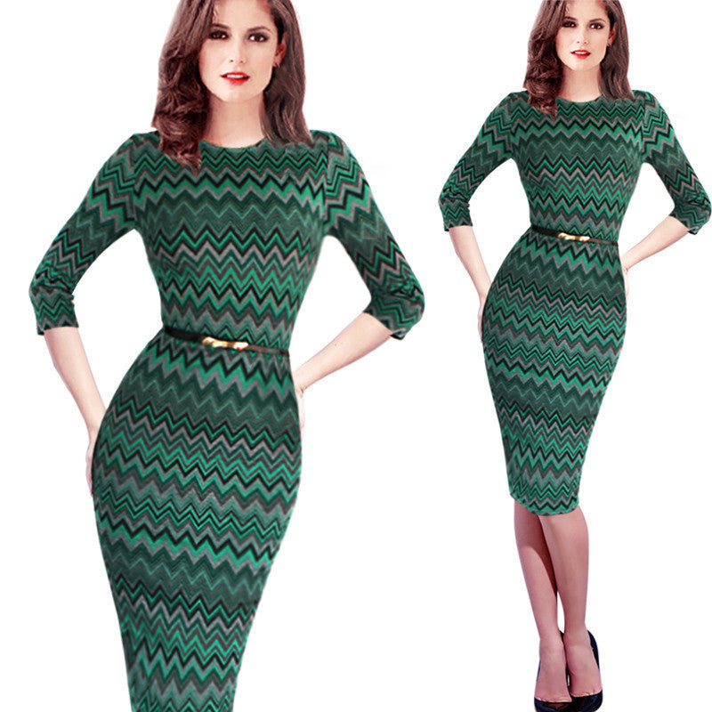 Women Causal Dress Work Wear Dress with Belt Party Half Sleeve Digital Printed Pencil Dress - Sins & Temptations