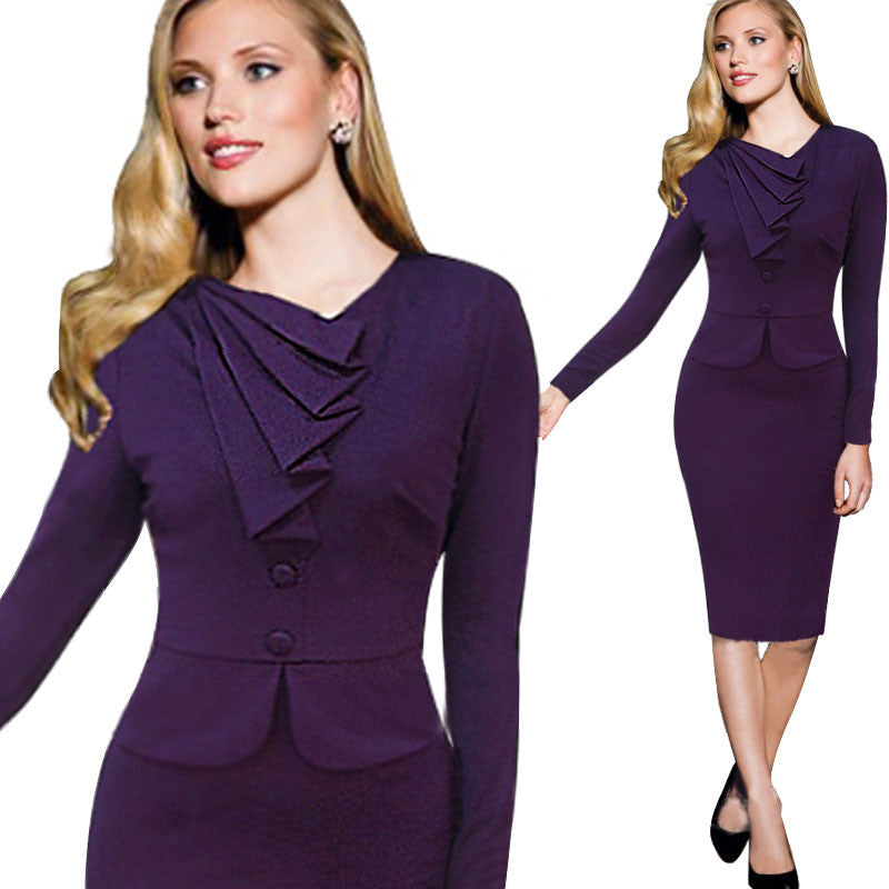 Faux Twinset Dress Work Office Dress Long Sleeve Business Party Stretch Slim Pencil Dress - Sins & Temptations