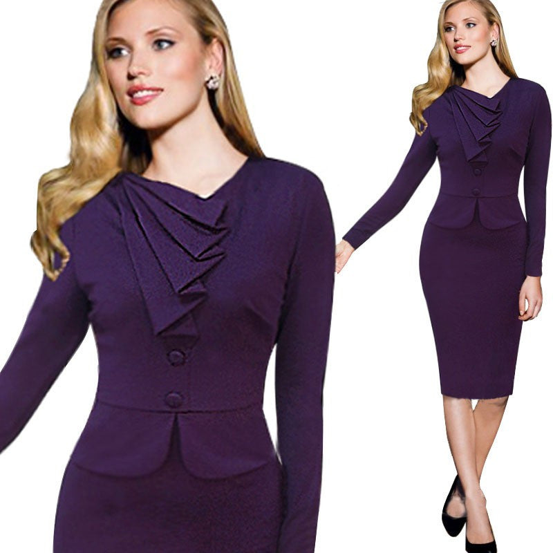 Faux Twinset Dress Work Office Dress Long Sleeve Business Party Stretch Slim Pencil Dress - Sins & Temptations