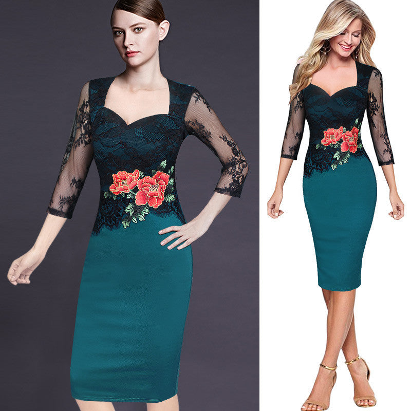 Embroidery Lace Flower Office Dress for Women V-Neck Three Quarter Sleeve Dress - Sins & Temptations