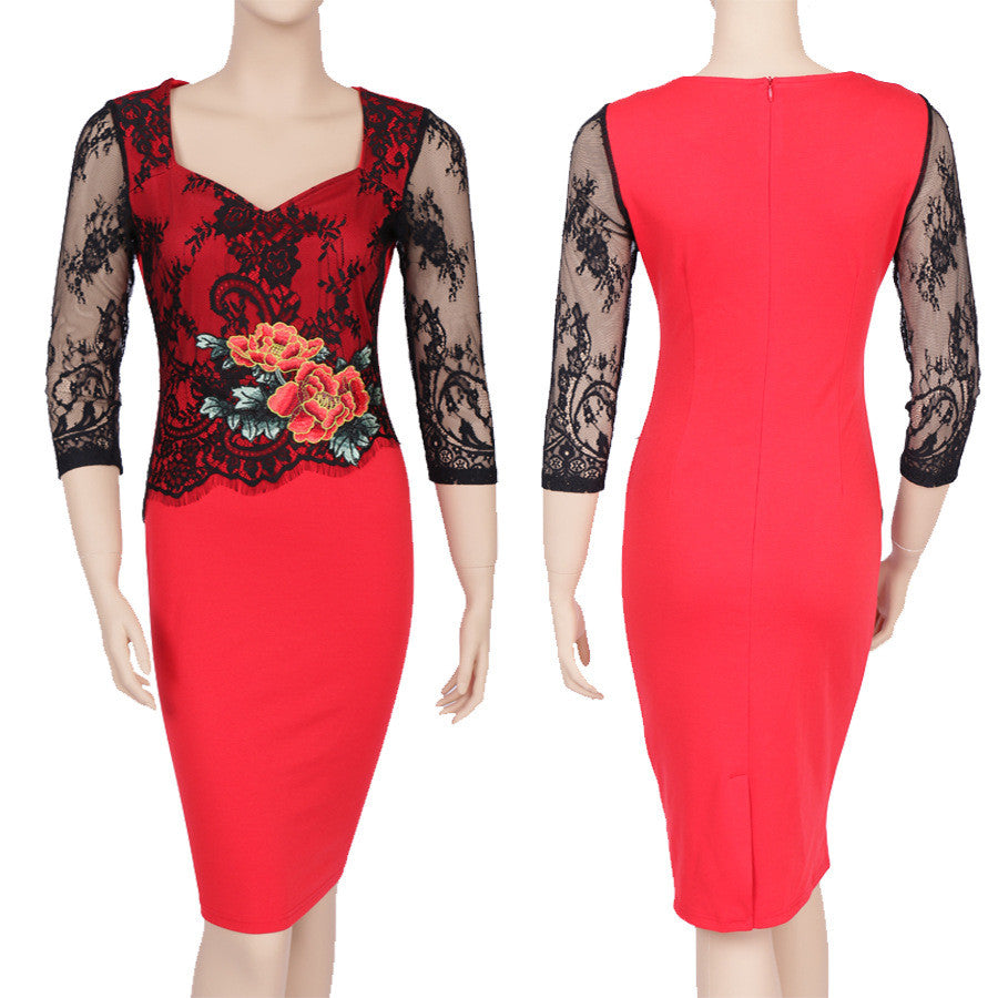 Embroidery Lace Flower Office Dress for Women V-Neck Three Quarter Sleeve Dress - Sins & Temptations