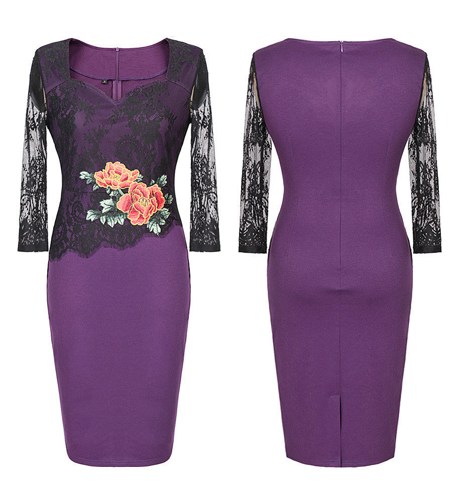 Embroidery Lace Flower Office Dress for Women V-Neck Three Quarter Sleeve Dress - Sins & Temptations