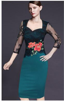 Embroidery Lace Flower Office Dress for Women V-Neck Three Quarter Sleeve Dress - Sins & Temptations