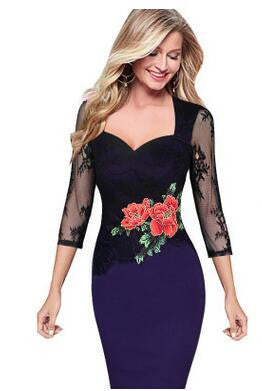 Embroidery Lace Flower Office Dress for Women V-Neck Three Quarter Sleeve Dress - Sins & Temptations