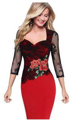 Embroidery Lace Flower Office Dress for Women V-Neck Three Quarter Sleeve Dress - Sins & Temptations