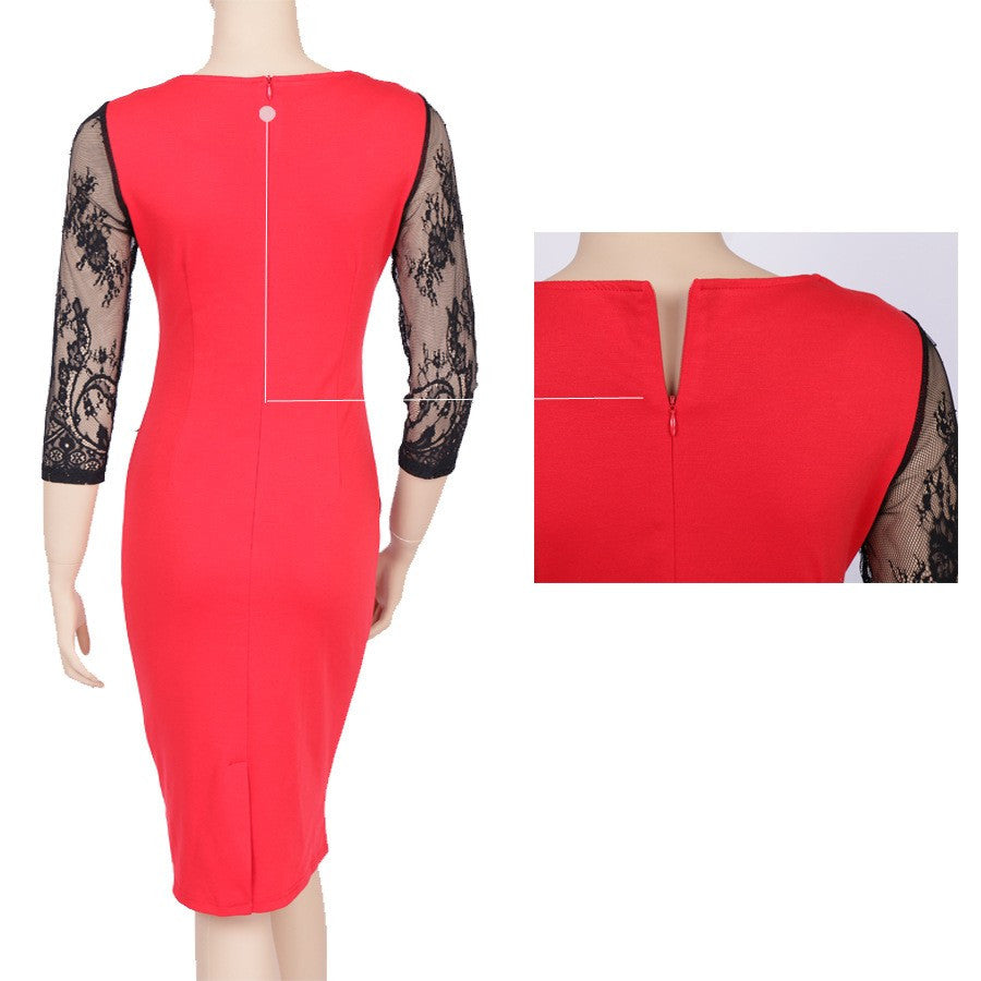 Embroidery Lace Flower Office Dress for Women V-Neck Three Quarter Sleeve Dress - Sins & Temptations