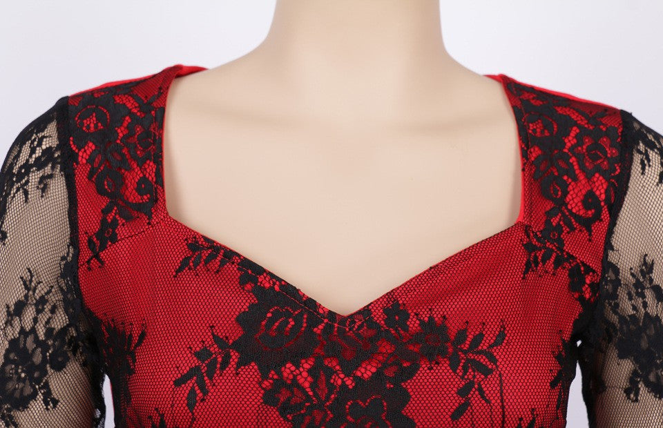 Embroidery Lace Flower Office Dress for Women V-Neck Three Quarter Sleeve Dress - Sins & Temptations