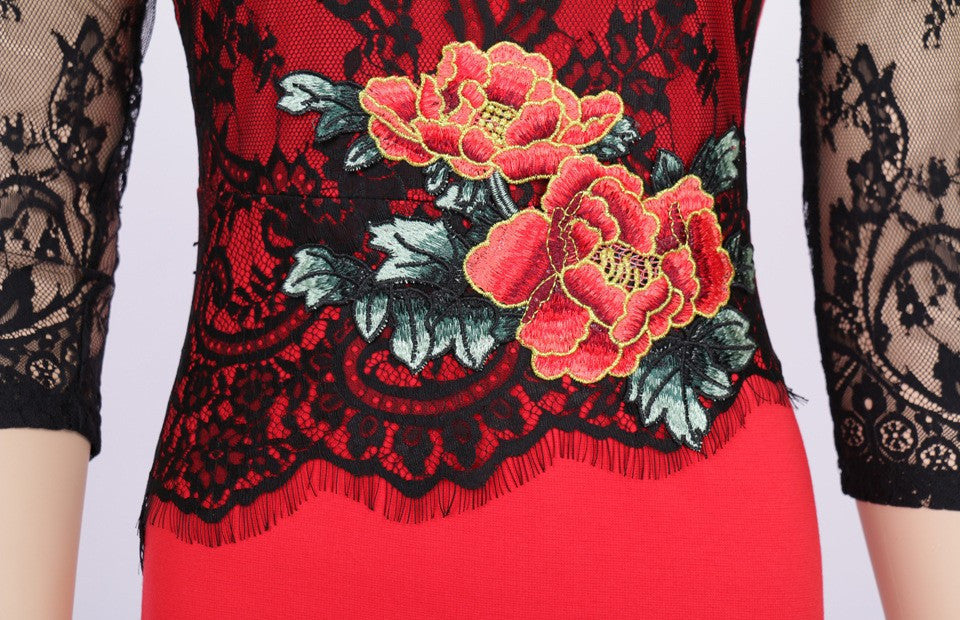 Embroidery Lace Flower Office Dress for Women V-Neck Three Quarter Sleeve Dress - Sins & Temptations