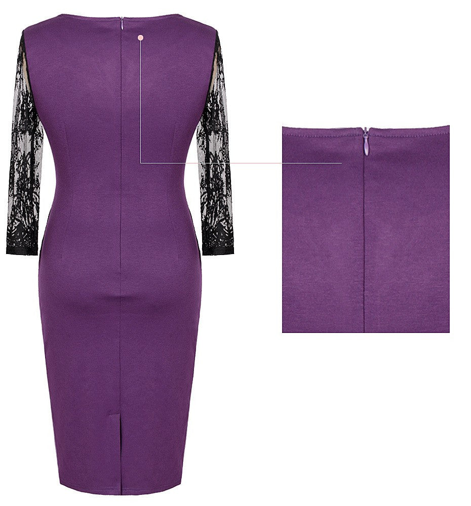 Embroidery Lace Flower Office Dress for Women V-Neck Three Quarter Sleeve Dress - Sins & Temptations
