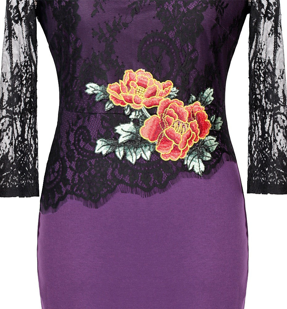 Embroidery Lace Flower Office Dress for Women V-Neck Three Quarter Sleeve Dress - Sins & Temptations