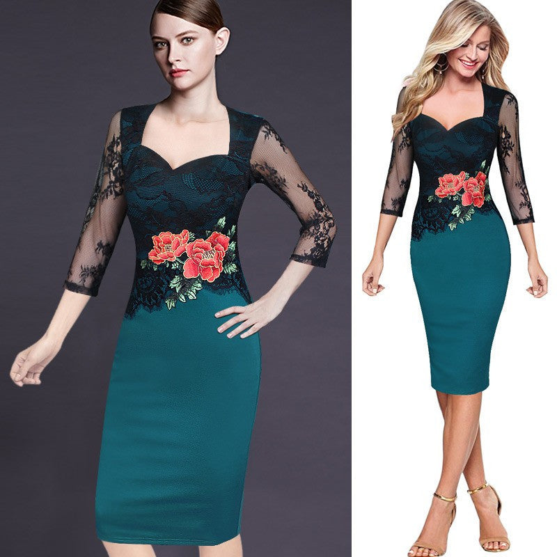 Embroidery Lace Flower Office Dress for Women V-Neck Three Quarter Sleeve Dress - Sins & Temptations