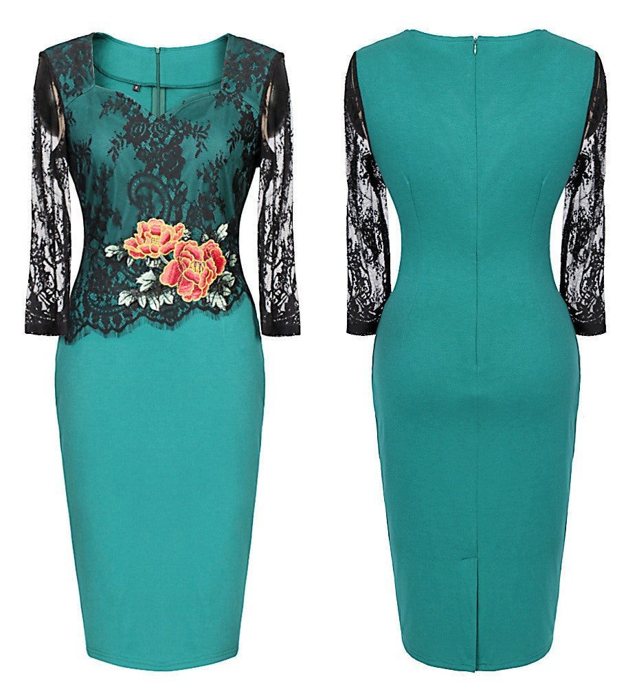 Embroidery Lace Flower Office Dress for Women V-Neck Three Quarter Sleeve Dress - Sins & Temptations