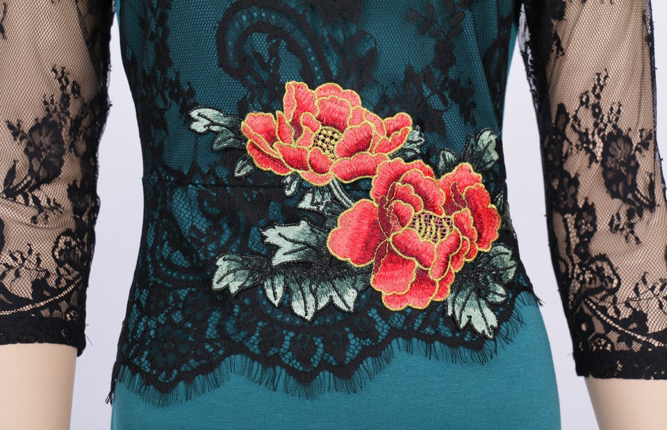 Embroidery Lace Flower Office Dress for Women V-Neck Three Quarter Sleeve Dress - Sins & Temptations