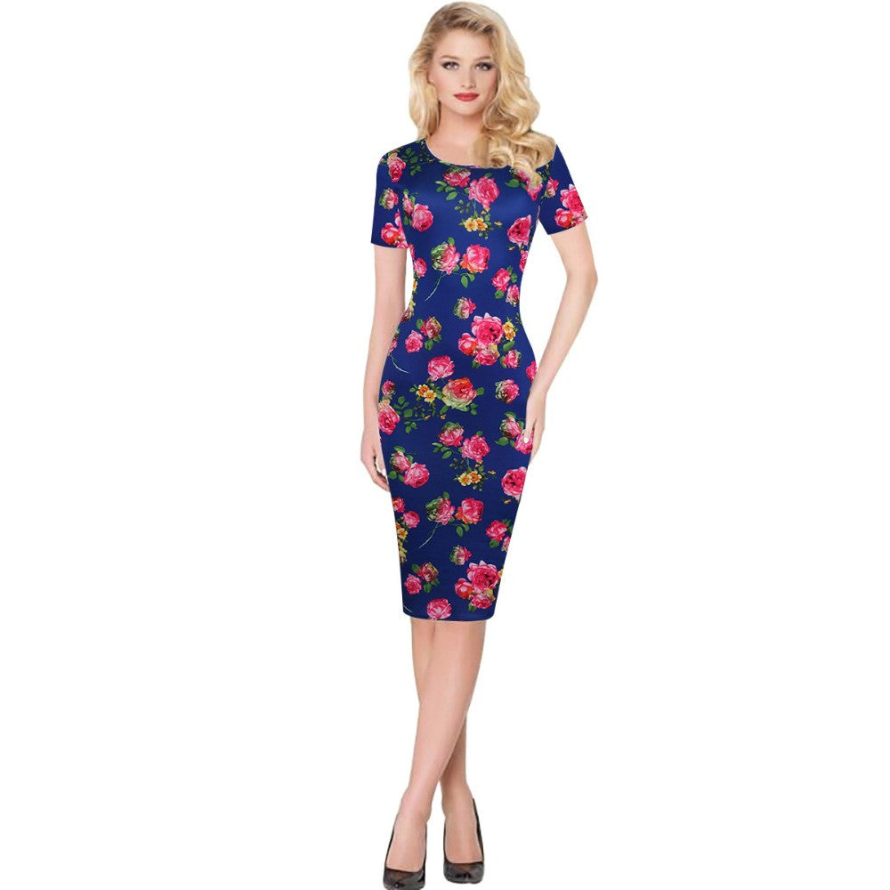 Floral Dress  Work Busines Casual Flower Print O-Neck Short Sleeve Bodyon Pencil Dress - Sins & Temptations