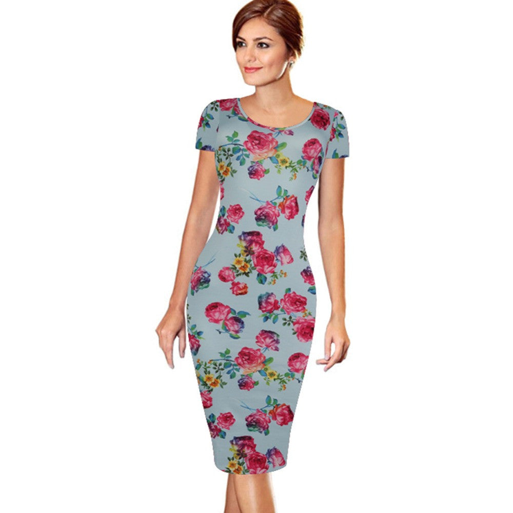 Floral Dress  Work Busines Casual Flower Print O-Neck Short Sleeve Bodyon Pencil Dress - Sins & Temptations