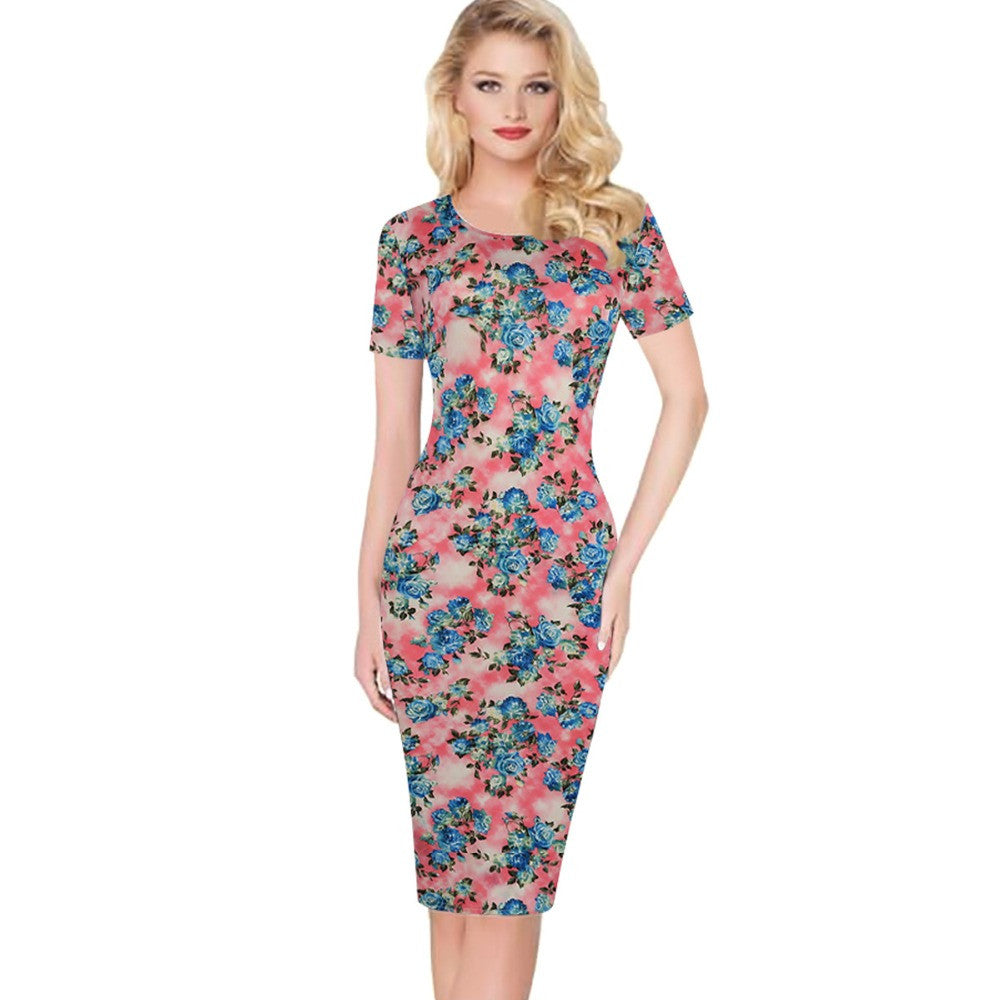 Floral Dress  Work Busines Casual Flower Print O-Neck Short Sleeve Bodyon Pencil Dress - Sins & Temptations
