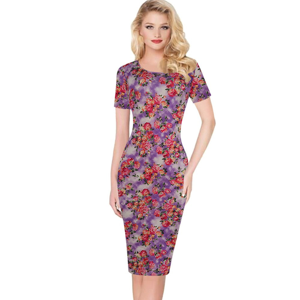 Floral Dress  Work Busines Casual Flower Print O-Neck Short Sleeve Bodyon Pencil Dress - Sins & Temptations