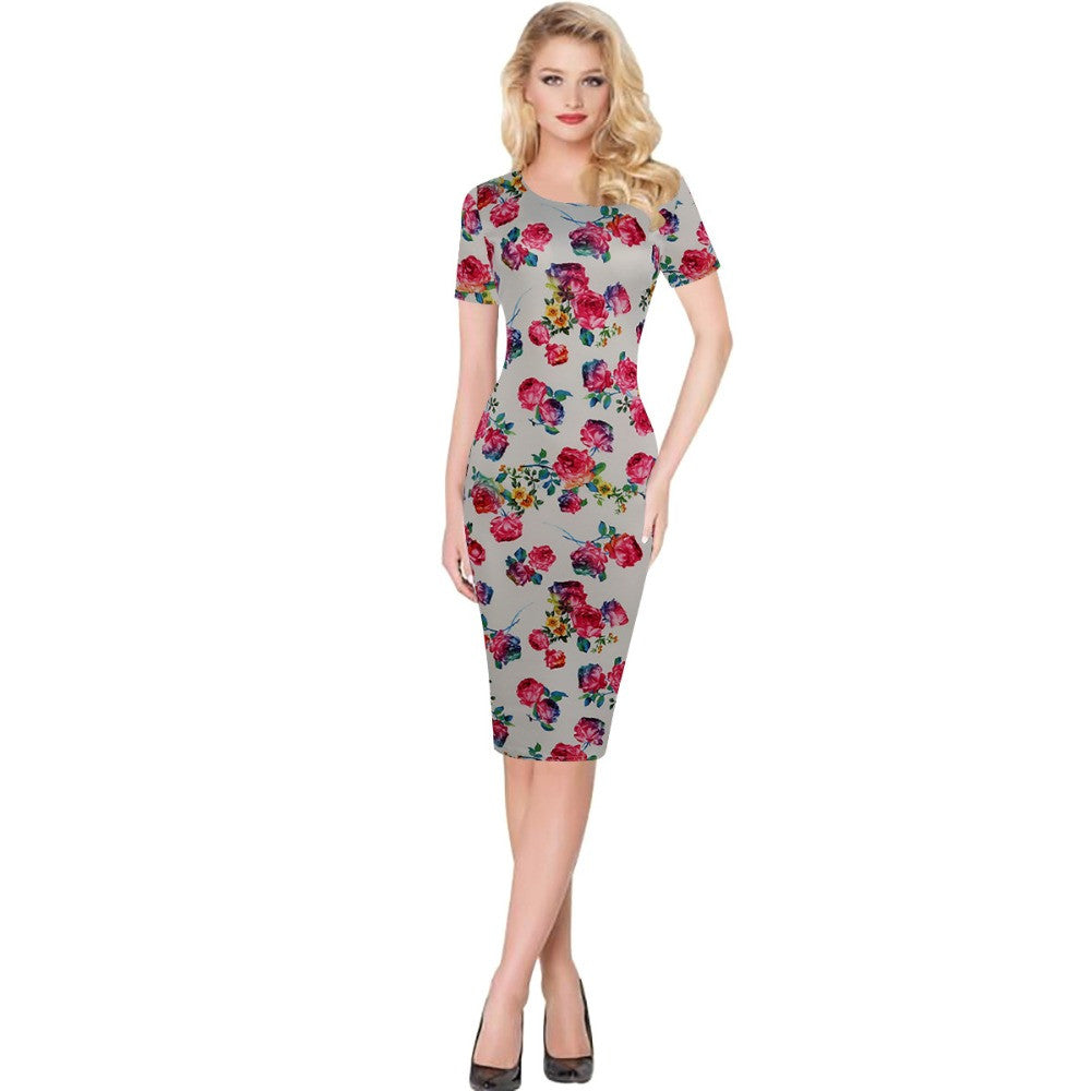 Floral Dress  Work Busines Casual Flower Print O-Neck Short Sleeve Bodyon Pencil Dress - Sins & Temptations