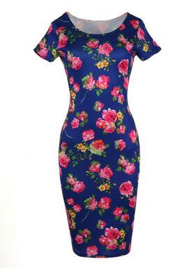 Floral Dress  Work Busines Casual Flower Print O-Neck Short Sleeve Bodyon Pencil Dress - Sins & Temptations