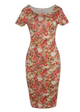 Floral Dress  Work Busines Casual Flower Print O-Neck Short Sleeve Bodyon Pencil Dress - Sins & Temptations