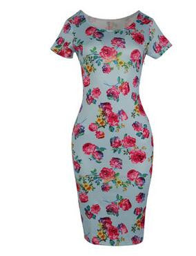 Floral Dress  Work Busines Casual Flower Print O-Neck Short Sleeve Bodyon Pencil Dress - Sins & Temptations