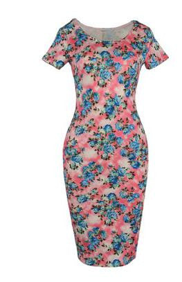 Floral Dress  Work Busines Casual Flower Print O-Neck Short Sleeve Bodyon Pencil Dress - Sins & Temptations